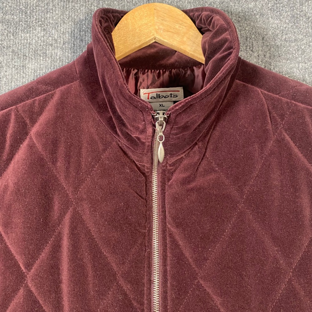 Talbots Quilted Vest Womens XL Burgundy Velvet Full Zip Old Money Equestrian